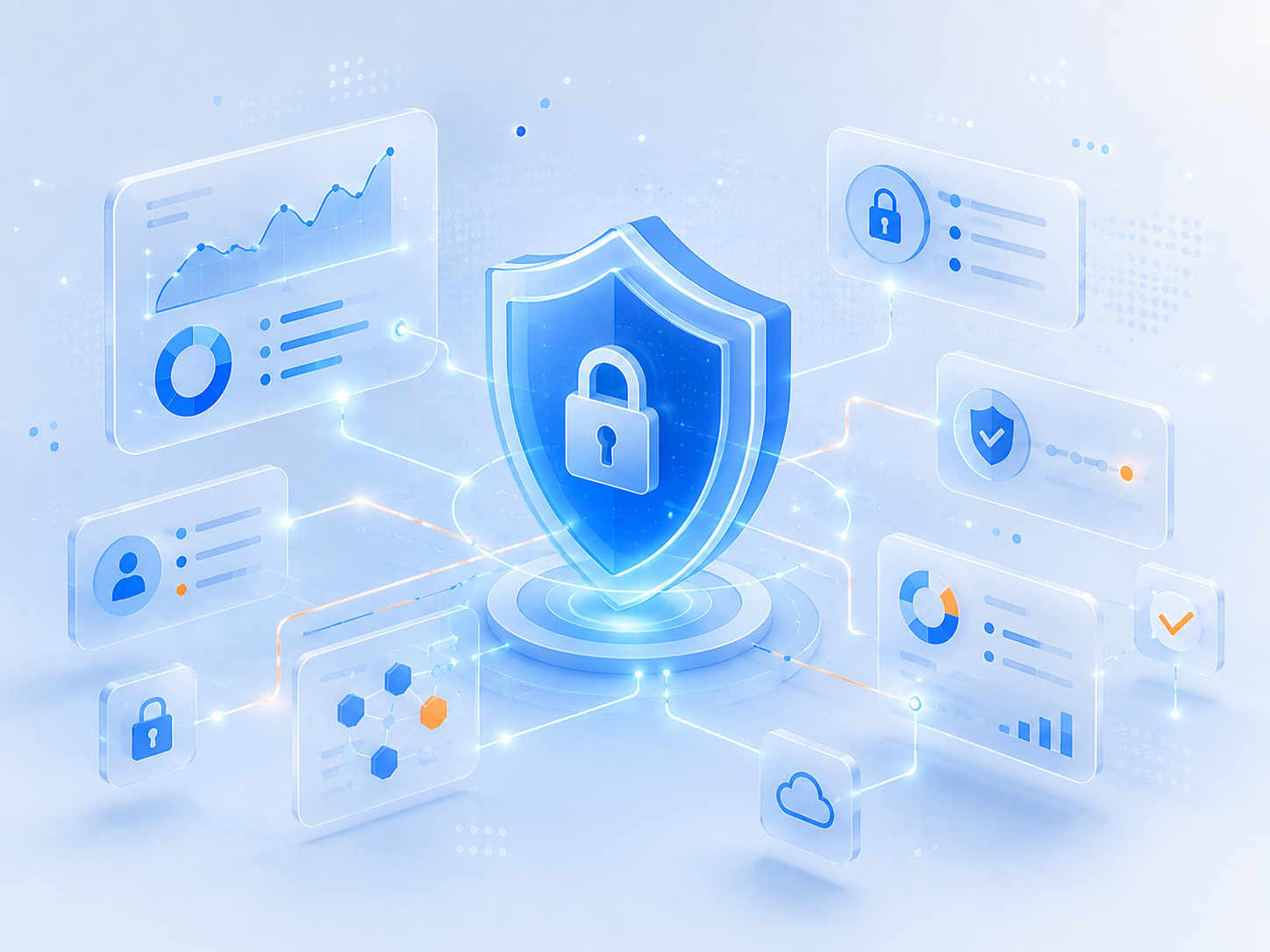 Cybersecurity and compliance — abstract shield and security monitoring visual