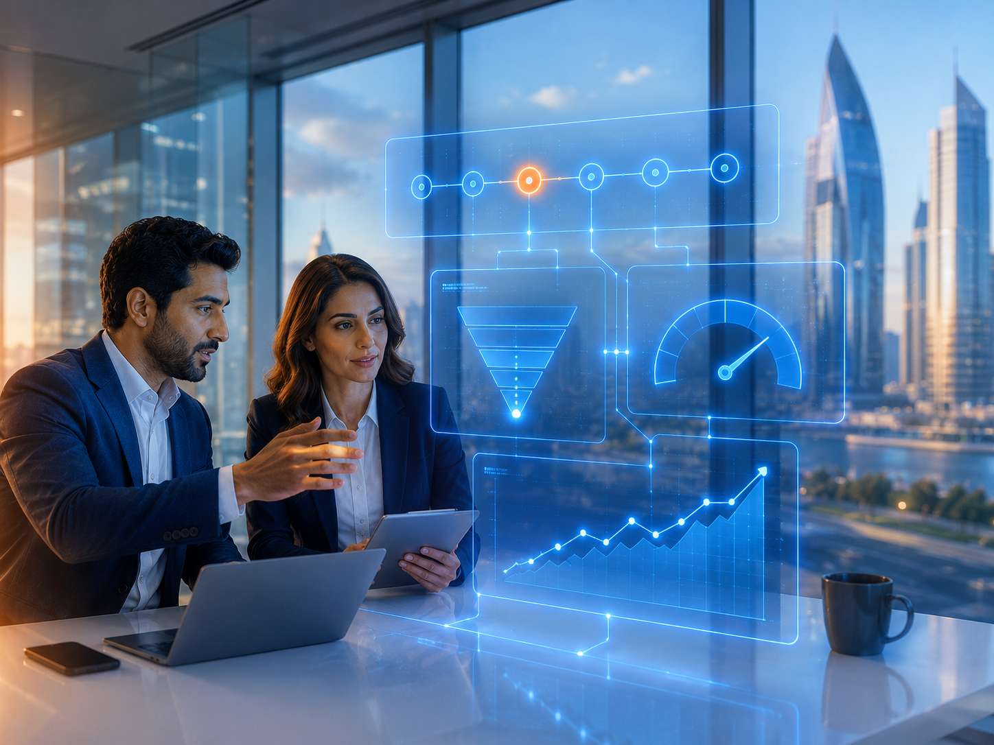 Professional services solutions visual — AI-assisted productivity, connected CRM and ERP, and delivery reporting
