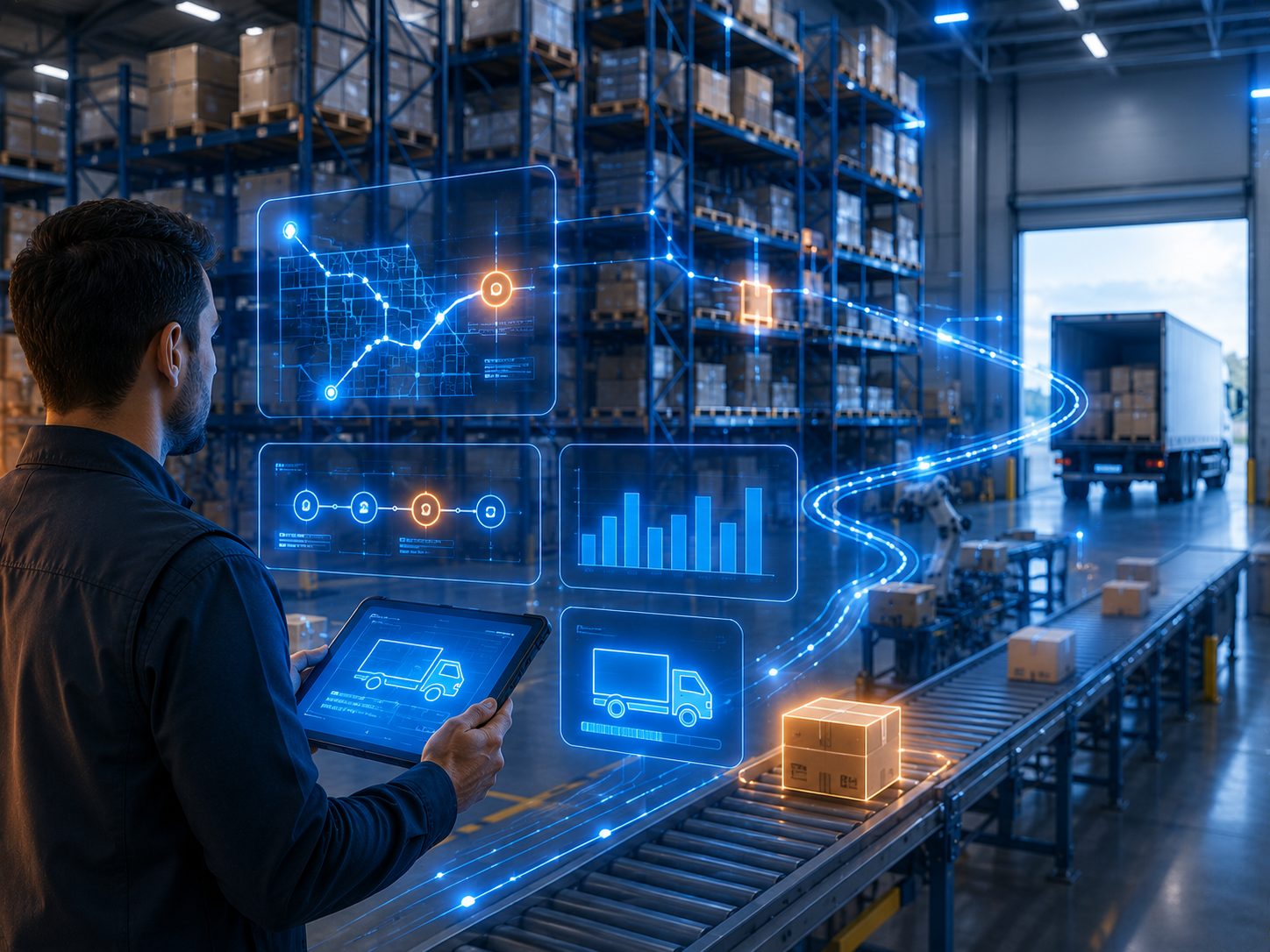 Retail, logistics and supply chain solutions visual — connected shipping, fulfillment and operational visibility